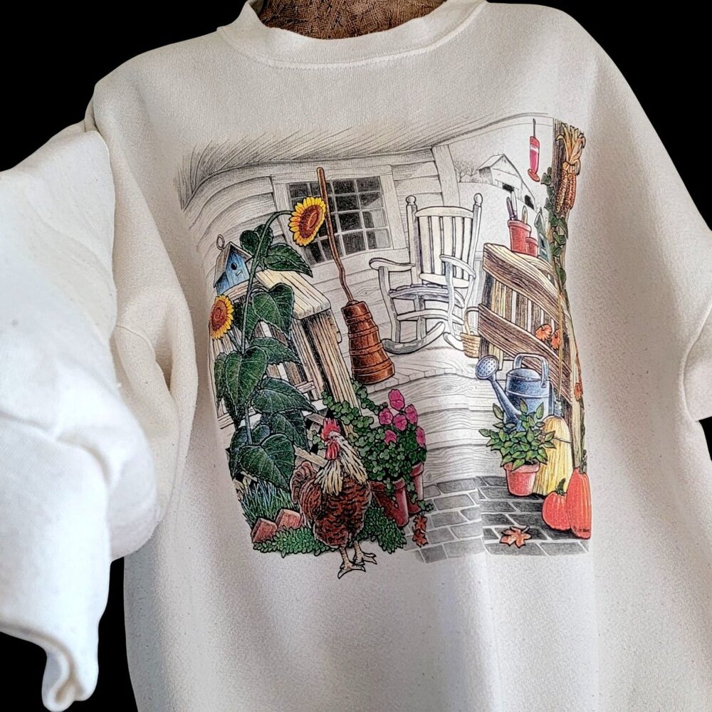 Vtg 90s Farmhouse Garden Grannycore Graphic Crewneck Sweatshirt White - Picture 5 of 16